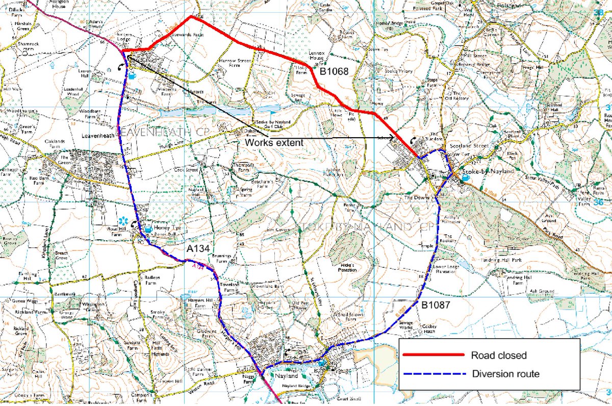 Suff_highways's tweet photo. B1068 Sudbury Road and Stoke Road in #StokeByNayland, #Polstead and #Leavenheath will be closed between 6 and 9 April 2020, for pre surface dressing repairs. Please follow the diversion. #Suffolk https://t.co/kz1R78anNn