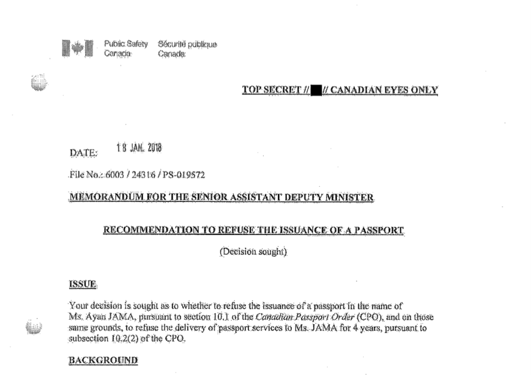 3. Her remarkable intelligence file has become public after federal officials refused to renew her Canadian passport on national security grounds. She has appealed that to the courts.