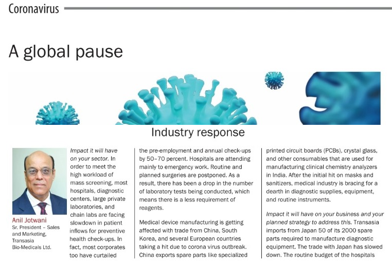 Transasia_1's tweet photo. The global #COVID19 pandemic has already started to impacted the medical device industry. Mr. Anil Jotwani, Sr. President, Transasia, speaks to Medical Buyer about the implications. Read  more : https://t.co/xJitM5tiE5
#COVID #IVD #medtech https://t.co/bxwQxTTwbo