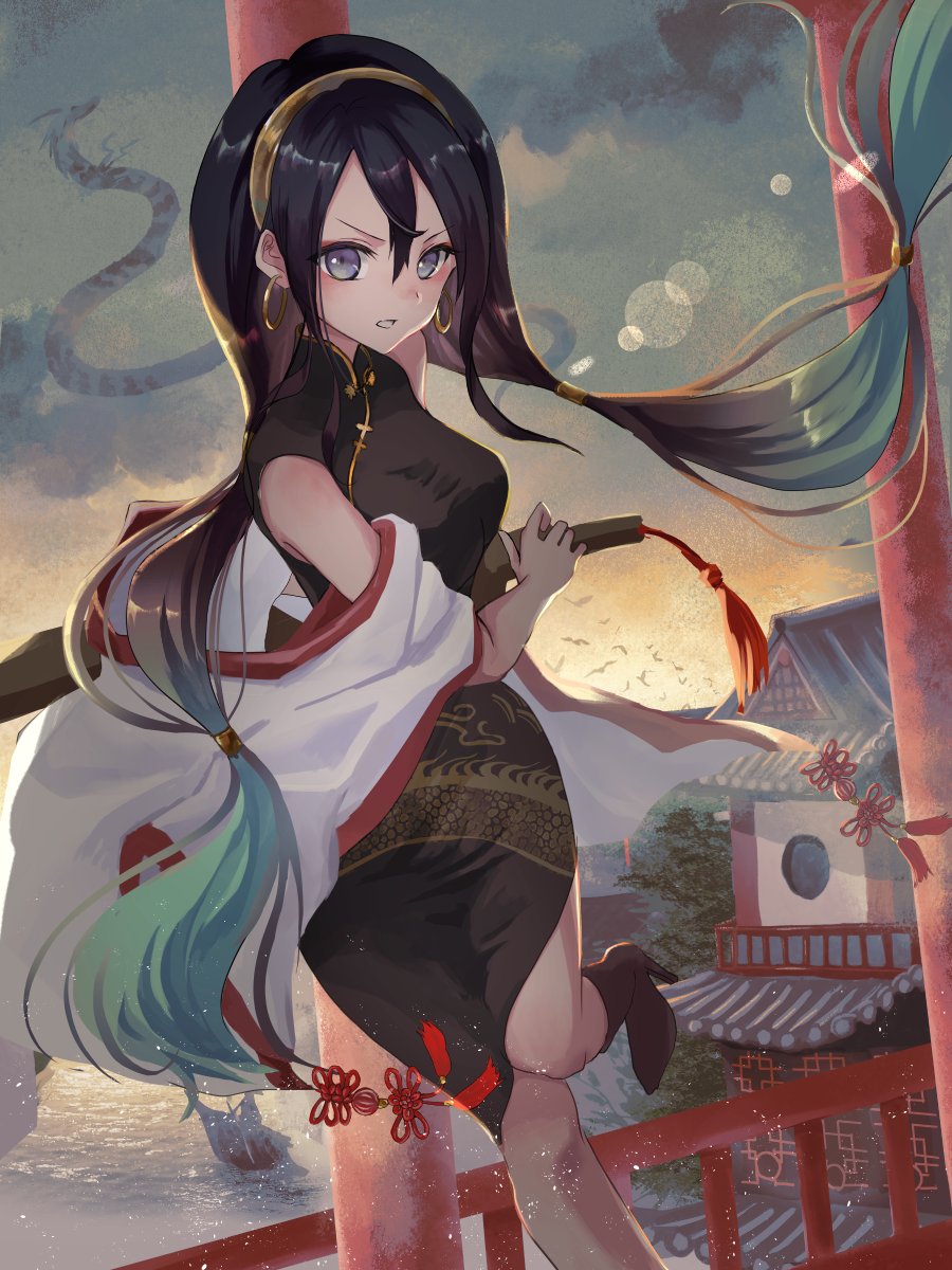 手描きイラスト オリジナル 創作 中華 チャイナ 赤 花 女の子 手描き