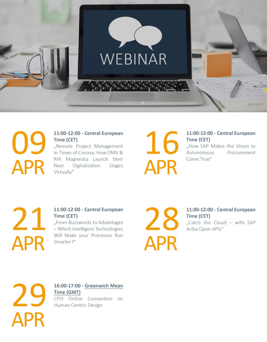 April is 'Webinar Month'! Seize the opportunity to register for our free online sessions on remote project management, RPA, Ariba Open APIs or Human Centric Design! Find more information &amp; registration forms here: scomp.ly/Rw534n1

Click on the picture to see more details!