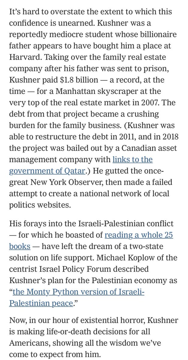 It is madness that the US pandemic response is being run the president’s son in law,  @michelleinbklyn writes. Kushner has no idea what he’s doing and also no idea that he has no idea.  https://www.nytimes.com/2020/04/02/opinion/jared-kushner-coronavirus.html