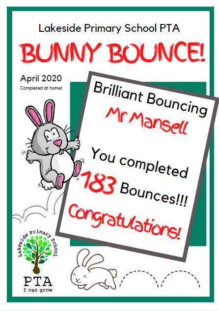 bellaboo108's tweet photo. @LakesideChelt Well done Mr Mansell from Lakeside PTA!
If you've taken part pop along to our facebook page and let us know your score for a certificate :)
Happy Bouncing!

https://t.co/VFsgXKsjAL https://t.co/BVBaYRu5RX
