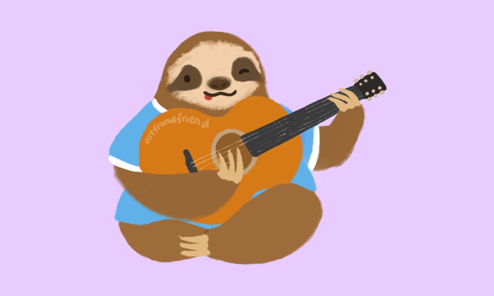 here is a sloth, strumming their new guitar! as a three-toed sloth with claws, playing chords might be a lil hard. but their claws strum the strings beautifully. nothing is going to stop them from becoming the next best sloth guitarist. 