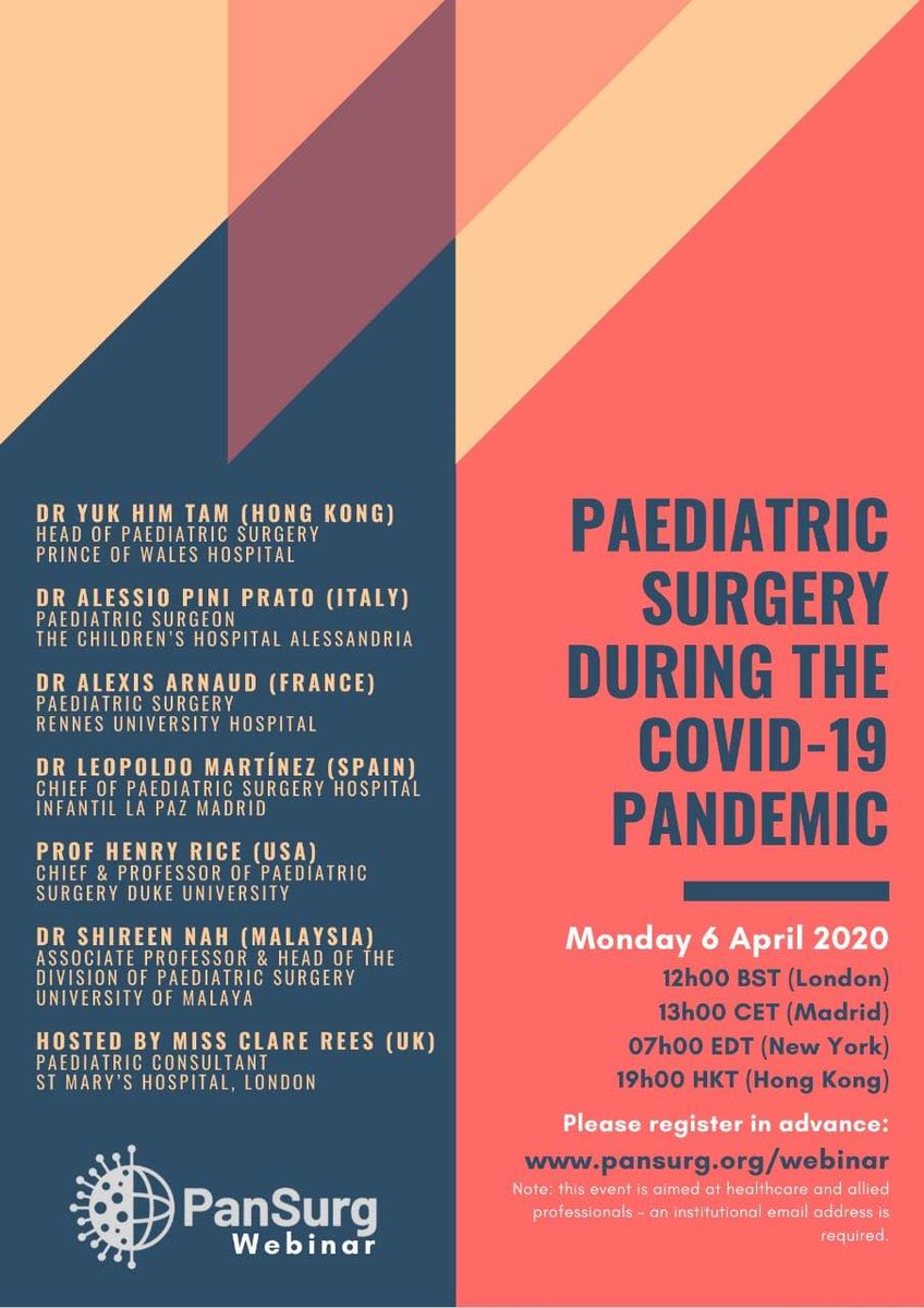 PanSurg's tweet image. We're already gearing up for our forthcoming webinar on Monday 6 April. We'll be looking at #Paediatric Surgery during #COVID19. Our global line-up includes @PiniPrato and Prof Henry Rice. This session will be hosted by @doccmr. Sign up here: pansurg.org/webinars/