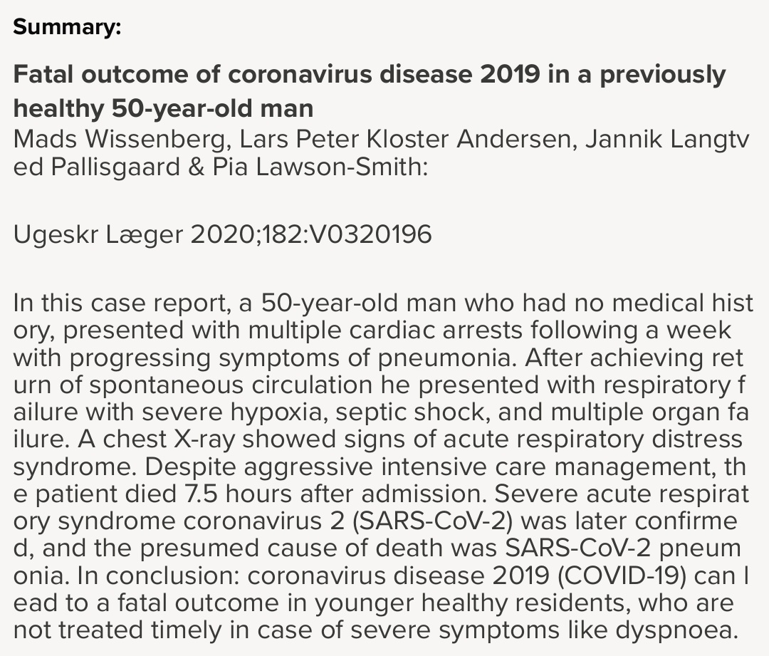 Copenhagen Cardiovascular Research Center (@copcard) on Twitter photo In this highly relevant case story, <a href="/MadsWissenberg/">Mads Wissenberg</a> LPK Andersen,
<a href="/Jannik/">livid</a> & <a href="/pialawsonsmith1/">pialawsonsmith</a> describe a fatal outcome of coronavirus disease 2019 (#COVID19) in a previously healthy 50-year-old man. 🇩🇰article 🇬🇧summary
bit.ly/2JzBjrr
#Corona #Covid_19 #scd #Coronakrise In this highly relevant case story, <a href="/MadsWissenberg/">Mads Wissenberg</a> LPK Andersen,
<a href="/Jannik/">livid</a> & <a href="/pialawsonsmith1/">pialawsonsmith</a> describe a fatal outcome of coronavirus disease 2019 (#COVID19) in a previously healthy 50-year-old man. 🇩🇰article 🇬🇧summary
bit.ly/2JzBjrr
#Corona #Covid_19 #scd #Coronakrise