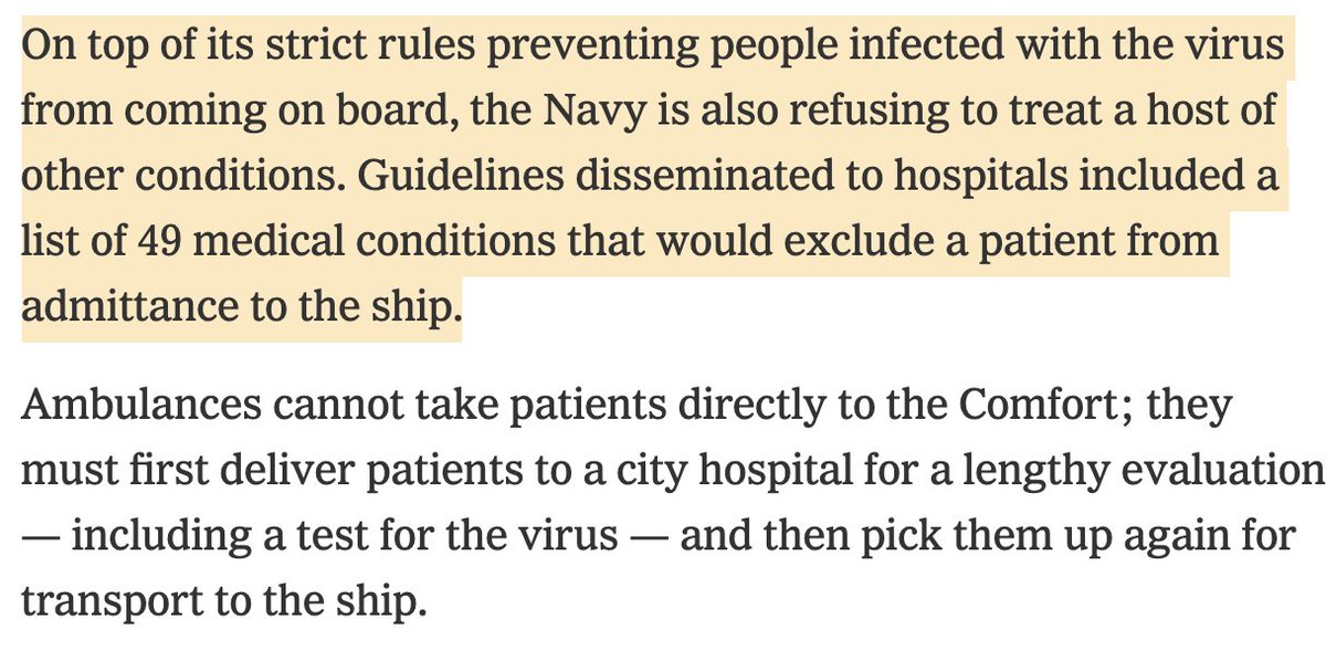 Joseph Heller would be proud. There are only 20 patients on the 1200 bed hospital ship Comfort in New York City because of strict Navy requirements for keeping the ship free of sick people and those with medical conditions.  https://www.nytimes.com/2020/04/02/nyregion/ny-coronavirus-usns-comfort.html