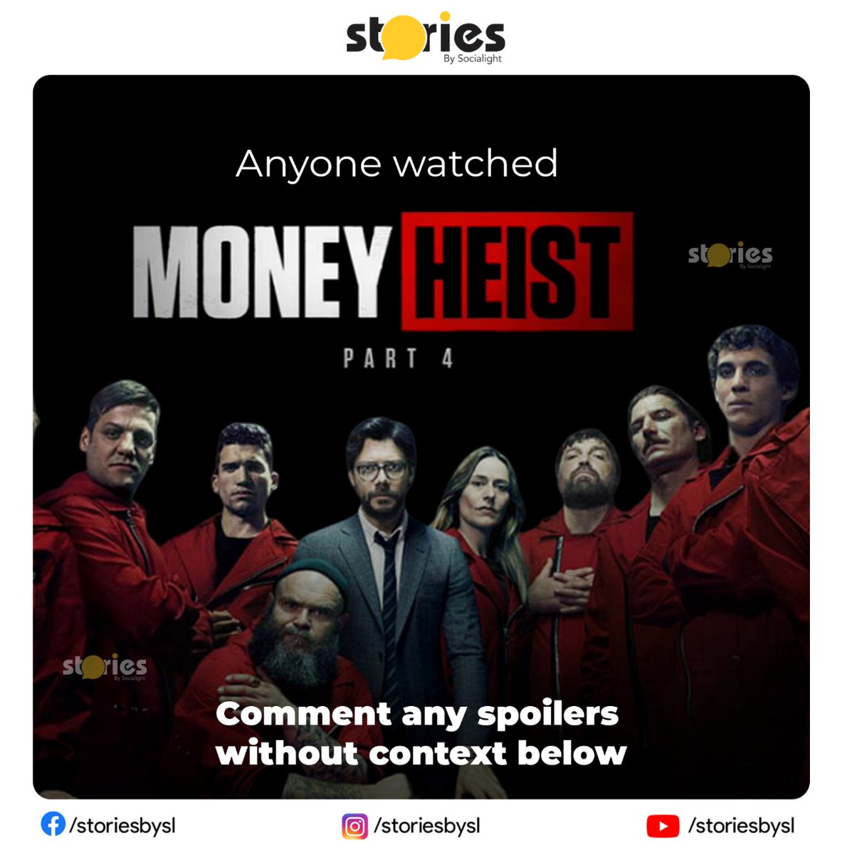 storiesbySL's tweet photo. Anyone watched Money Heist 4 ? Comment any spoiler without context below
#storiesbysl #KGF #RockyBhai #Kannada #RRR #SSR #NTR #RamCharan #coronavirus #covid19 #stayathomestaysafe #rrr #rrronjan8th #roudramranamrudhiram #hyderabad #telangana  #jokes #comedy #pavankalyan https://t.co/EBhrTIVkWL