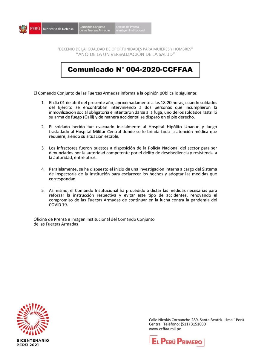 CCFFAA_PERU's tweet photo. Comunicado N° 004-2020-CCFFAA https://t.co/cCCVkeCHt6