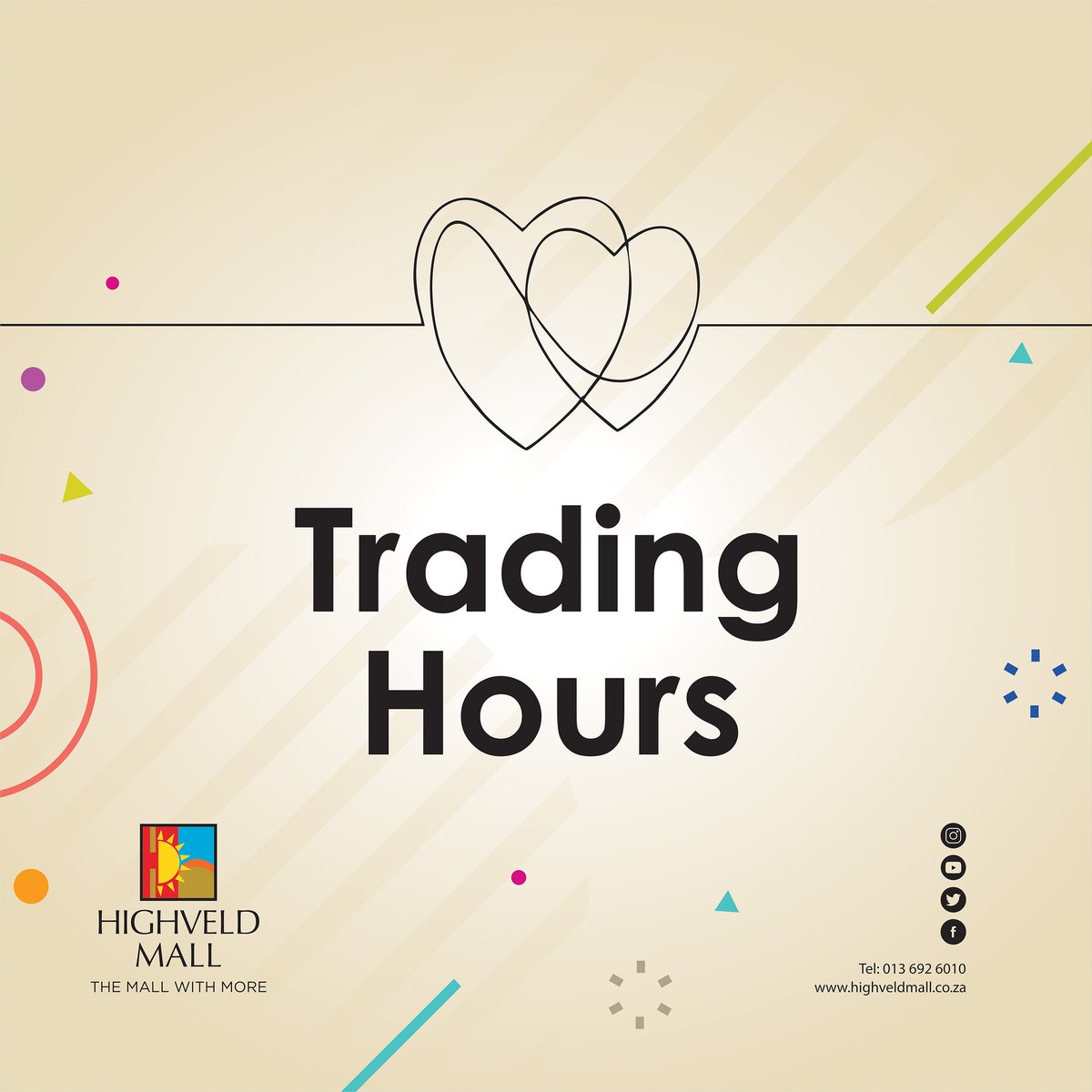 Latest Update: Please see revised trading hours of stores permitted to trade during lockdown on Facebook page. Trading hours subject to change.    facebook.com/HighveldMall/  #StrongerTogether #WeCanDoThis