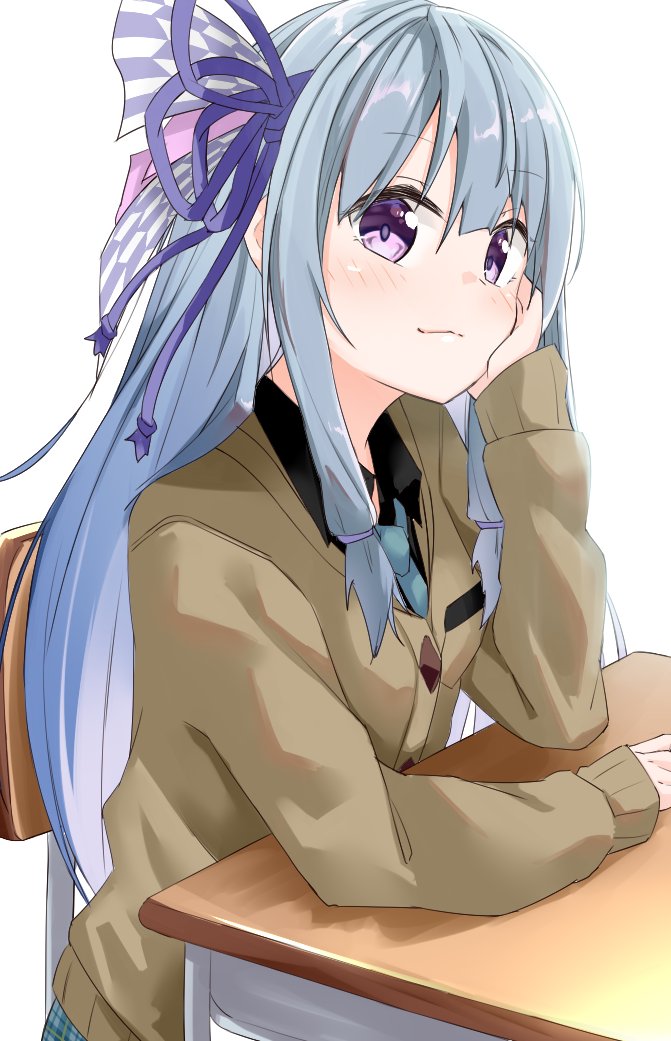 kotonoha aoi 1girl solo long hair blue hair desk purple eyes sitting  illustration images