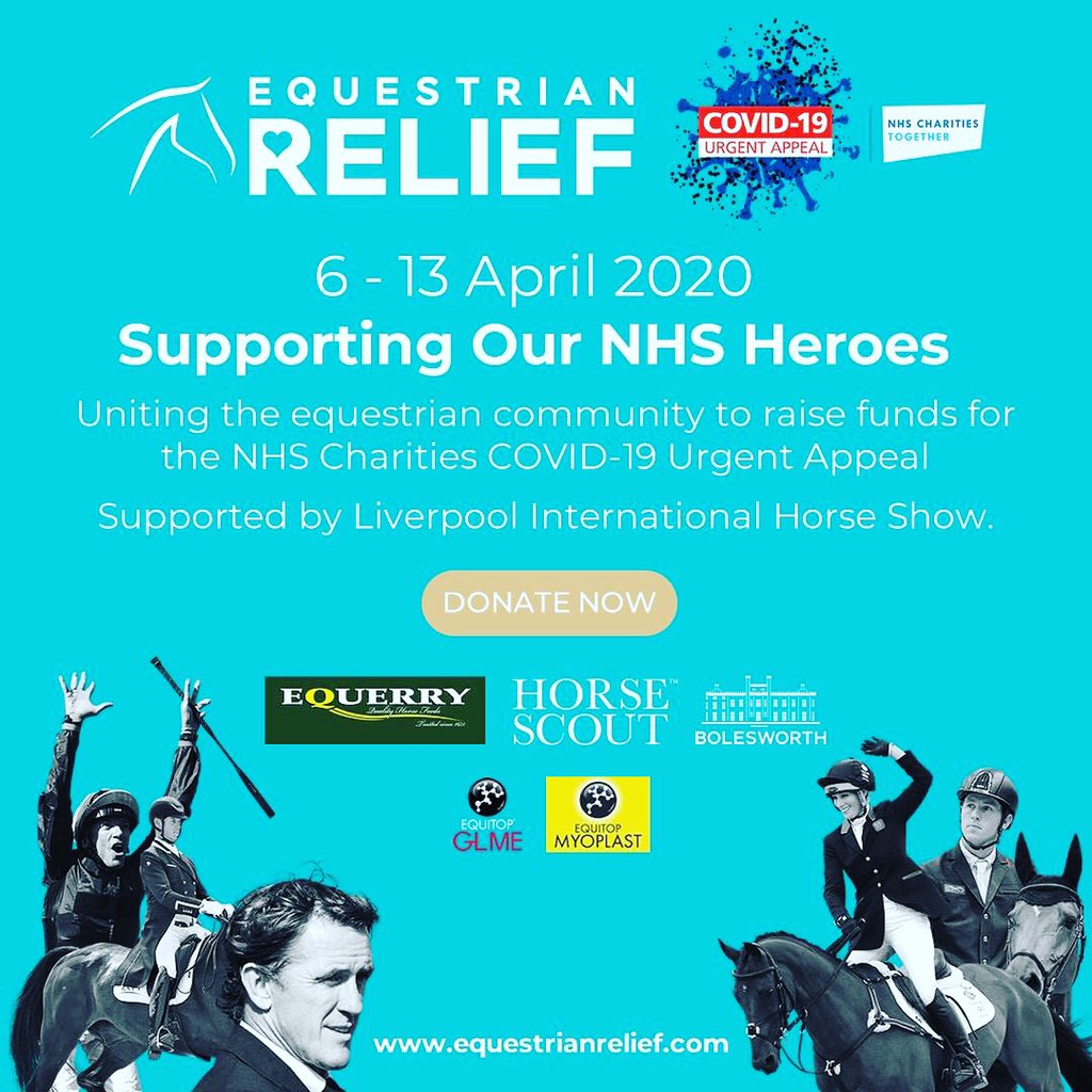 LAUNCHING ..... #EquestrianRelief - goal to raise £100k for the #NHS #COVID19 Crisis fund ....visit equestrianrelief.com to #donate  &amp; find out which A-list equestrian celebs are on board!
Huge Thanks to <a href="/EquerryFeeds/">Equerry Horse Feeds</a> <a href="/EquitopMyoplast/">Equitop Myoplast</a> &amp; <a href="/HorseScoutTeam/">HORSE SCOUT GROUP</a> for pledging £15k!