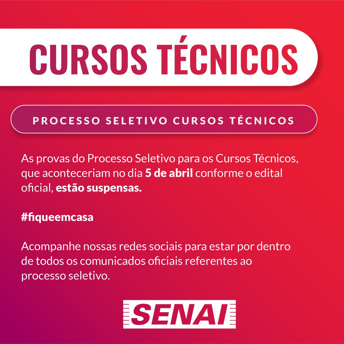 SENAI_FJacob's tweet photo. Seguindo as orientações da OMS para evitar a disseminação do Coronavírus, informamos que a avaliação do processo seletivo para os cursos técnicos não acontecerá no dia 5 de abril. Confira todos os detalhes aqui: https://t.co/Tc62tTUPec
Aproveite esse momento e prepare-se! https://t.co/aPLrO0Axcs
