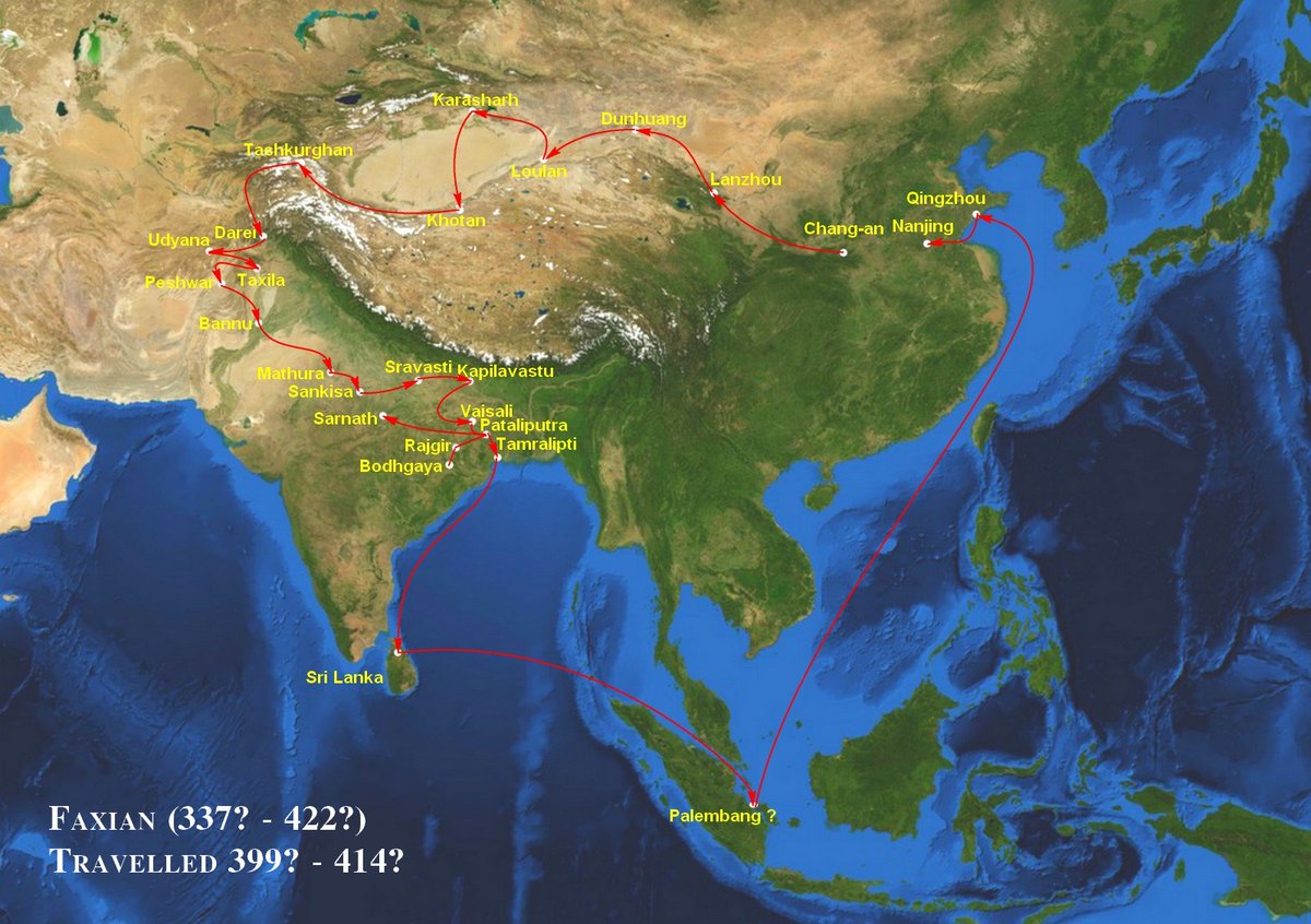 Fa-Hien, who travelled to India between 399-414 AD, went back via sea, first to Lanka, Java and to China.Similarly, Yijing came and went via sea-route.Images describing the sea-routes taken by Fa-Hien and Yijing, respectively.