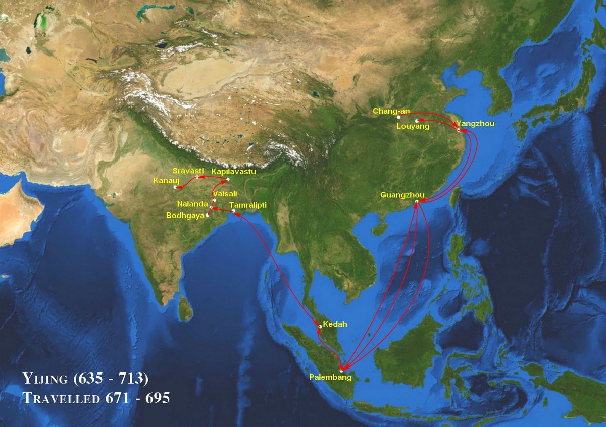 Fa-Hien, who travelled to India between 399-414 AD, went back via sea, first to Lanka, Java and to China.Similarly, Yijing came and went via sea-route.Images describing the sea-routes taken by Fa-Hien and Yijing, respectively.