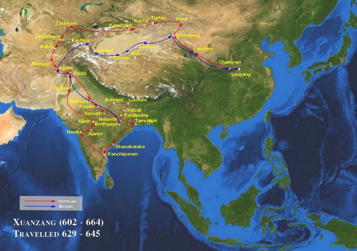 It must be noted that foreigners who came to India from 1st century AD to at least 9th century, went back via sea-route.Exception was Xuanzang, who walked all the way from China to India and went back by same route.Image of Xuanzang's travels.