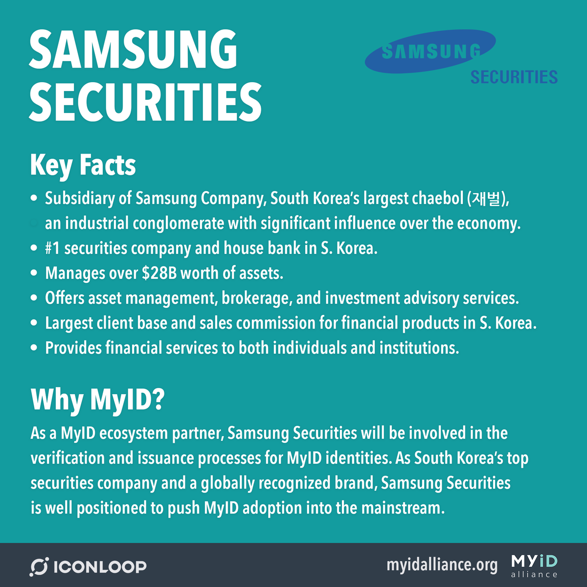 Samsung Securities is a powerhouse. #1 securities company in terms of client case, manages over $28B of assets for both individuals and institutions. Samsung Securities is an ecosystem partner and will be involved in issuance and verification of MyID identities.  #ICONProject  $ICX