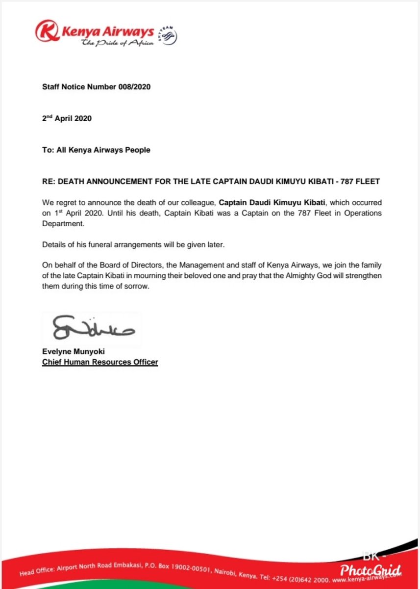 The Coronavirus pandemic has hit home in the true sense of the word. Captain Daudi Kibati who flew the last KQ plane from New York last week is a family friend, and from my home area in Ikanga, Kitui. We knew him simply as Major Kibati. Rest in peace sir. #COVID19KE