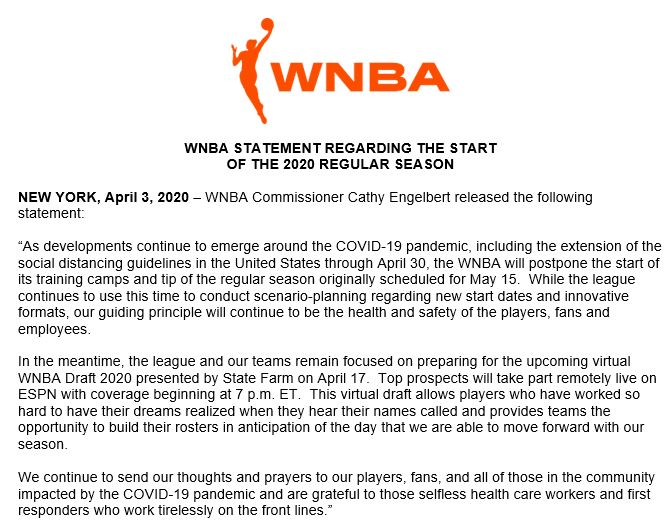 WNBA Statement Regarding Start of 2020 Regular Season