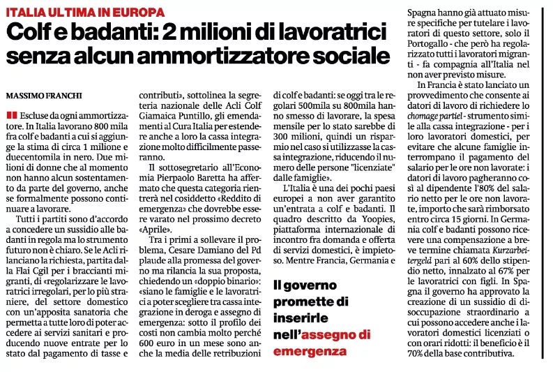 Acli_nazionali's tweet photo. #3aprile #RassegnaStampa "Le #Acli chiedono una sanatoria a favore di tutti gli irregolari, molti nel #settoredomestico, affinché possano accedere ai servizi sanitari e produrre entrate per lo Stato". Le parole di #GiamaicaPuntillo, Segretaria di #Aclicolf su @ilmanifesto https://t.co/Qld7qLiWct