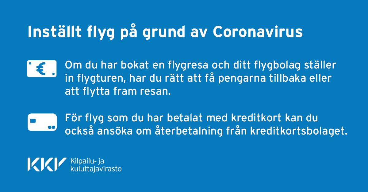 kkv_uutiset's tweet photo. ✈️💶 Om ett flygbolag ställer in ditt flyg, till exempel på grund av koronaepidemin, har du rätt att få pengarna tillbaka.
➡️ https://t.co/Gx7odf8YpM
#coronaviruset #konsumentskydd https://t.co/vw5D6yS5Cz