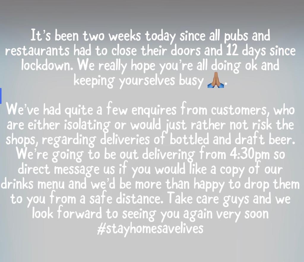 butcherscafebar's tweet photo. We’ve had a lot of enquires regarding deliveries, ahead of the weekend. DM us for a copy of our drinks menu and prices and let us know should you wish for us to drop you any beers off, from a safe distance of course #stayhome #staysafe #lookoutforeachother https://t.co/mhowviYUyz