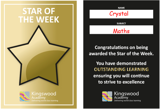 KingswoodMaths's tweet photo. **STAR OF THE WEEK**
Crystal in 7W3 has really impressed Mr Shipsey this week with her commitment to attempting and reattempting questions and ensuring she asks for help and acts on feedback given. Great effort Crystal! #valuefeedback #wearekingswood https://t.co/73YhOfJB1u