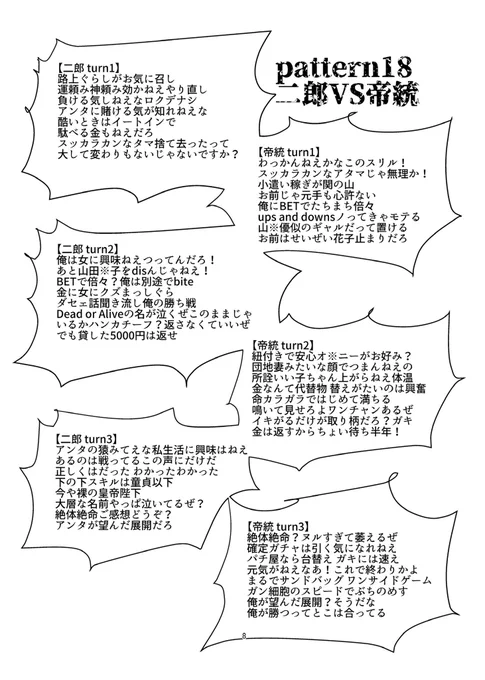 ヒプマイMC12人総当り架空ラップバトルリリック本(3/5)

二郎VS帝統
一二三VS一郎
寂雷VS左馬刻 