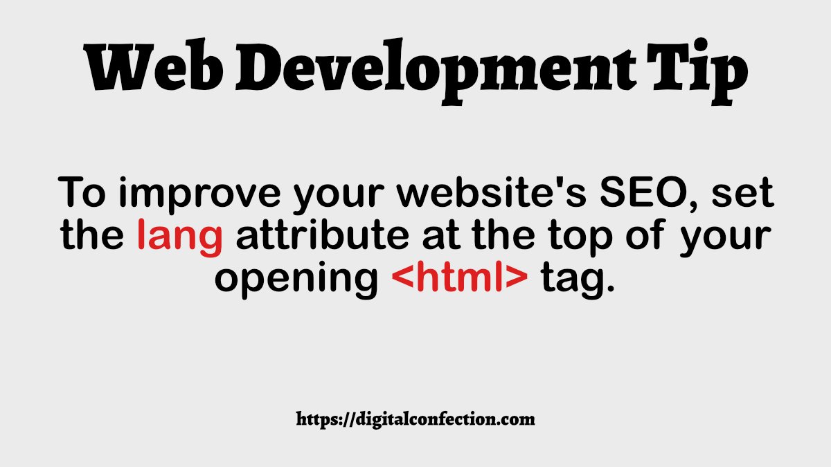 digiconfec's tweet photo. To improve your website's SEO, set the lang attribute at the top of your opening <html> tag. #html #web #coding #webdev #morninghaiku #tip #Website #webdevelopment #Webdesign #SEO #tech #dctech #webadvice #needcoffee https://t.co/IdM1f7xOUX