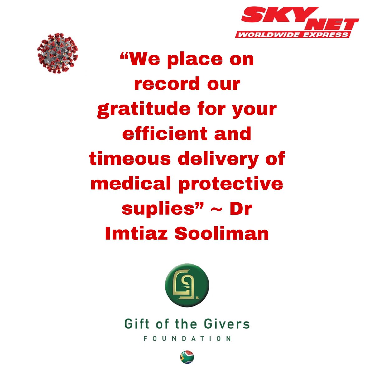 SkynetSA's tweet photo. We are so honored to be able to assist @GiftoftheGivers with the wonderful work they are doing. To us it’s about more than just a delivery....#Covid19SA #GiftOfTheGivers #LockdownSA #ContactlessDelivery https://t.co/cllZRmDKoA