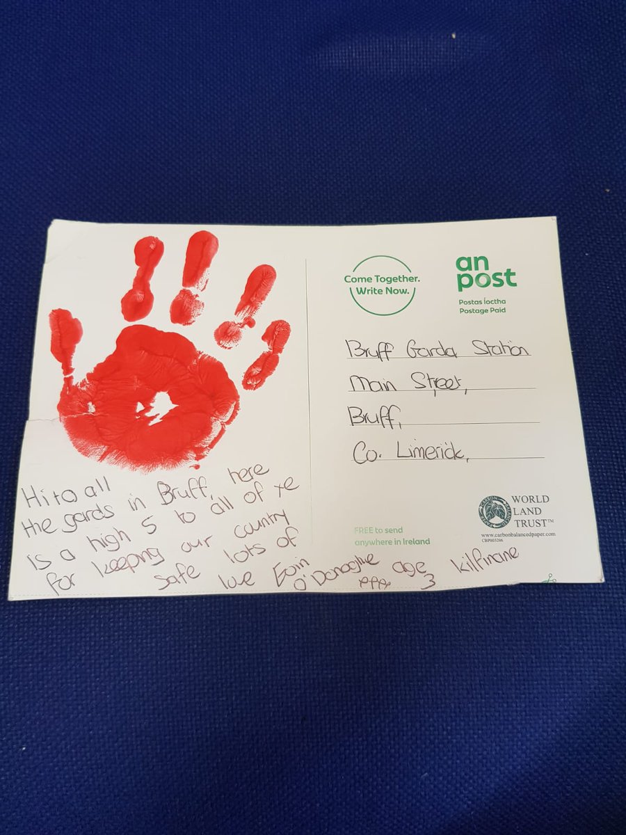 GardaTraffic's tweet photo. 3 yr. old Eoin used his An Post postcard to send a Palm Print of himself to wish the Gardaí in Bruff, Co Limerick well during #Covid19. When we receive a postcard like this puts a big smile on our faces. 
Thanks a million Eoin
#StayAtHomeAndStaySafe
#PhysicalDistancing. https://t.co/gFiVZ14psa