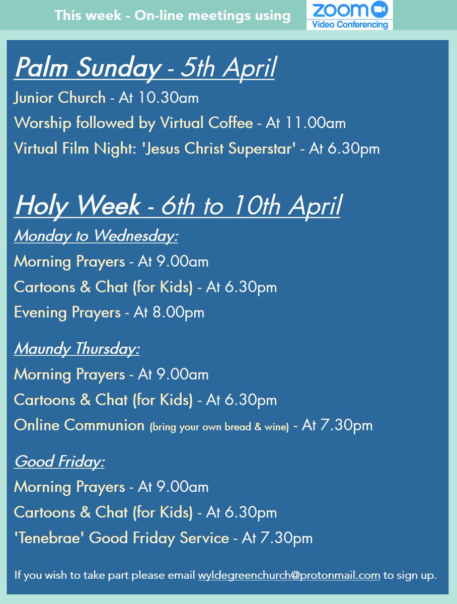 A busy week ahead on #Zoom. Its very easy to set up and to take part. Please get in touch and join us over the #Easter period. #Boldmere #WyldeGreen #SuttonColdfield