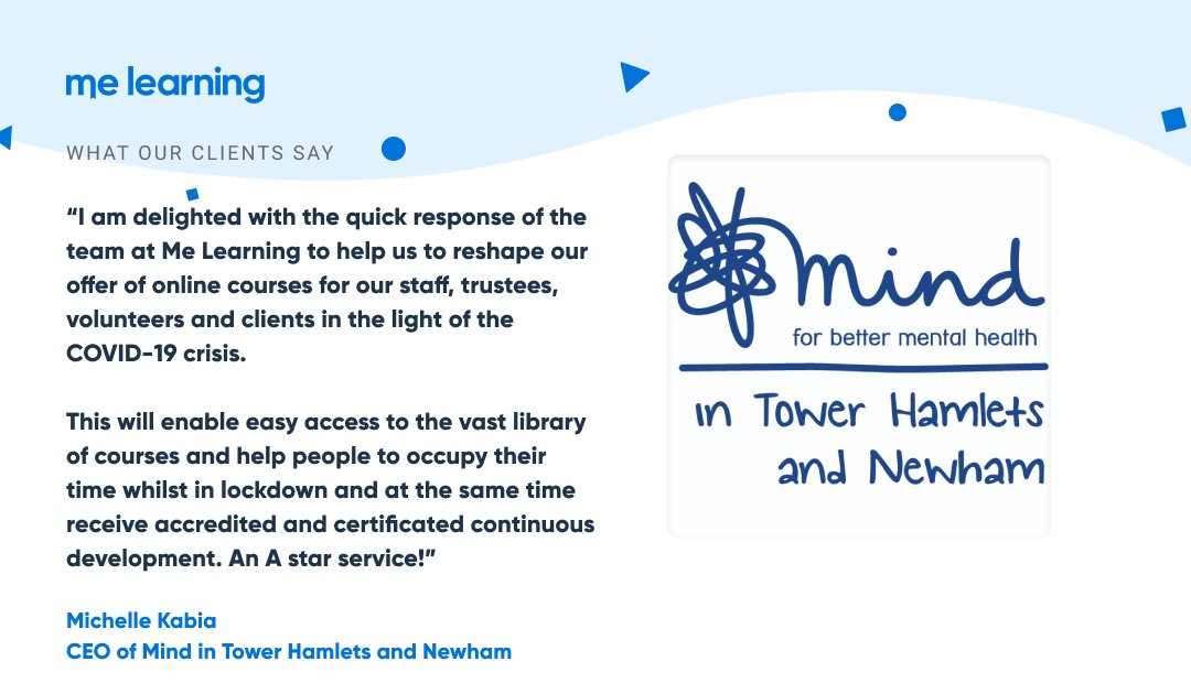 MeLearningUK's tweet photo. We love working with non-profits! We know that now more than ever, you are in need of extra support to keep your volunteers and supporters engaged.  This feedback from CEO of @MindITHN made our week! We're on a mission to help more non-profits with digital learning.

#WeCare https://t.co/X0XTENcQNO