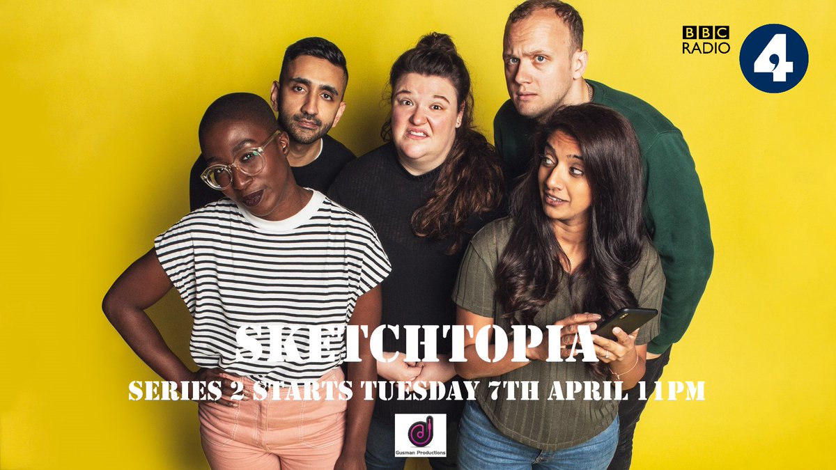 gusman's tweet photo. Super proud &amp; excited that our 2nd series of Sketchtopia airs from next week on @BBCRadio4.  Features 24 fantastic new writers (14 female/10 male) from across the UK &amp; performed brilliantly by this lovely lot!  Tues @ 11pm. https://t.co/yxcfau8yoj