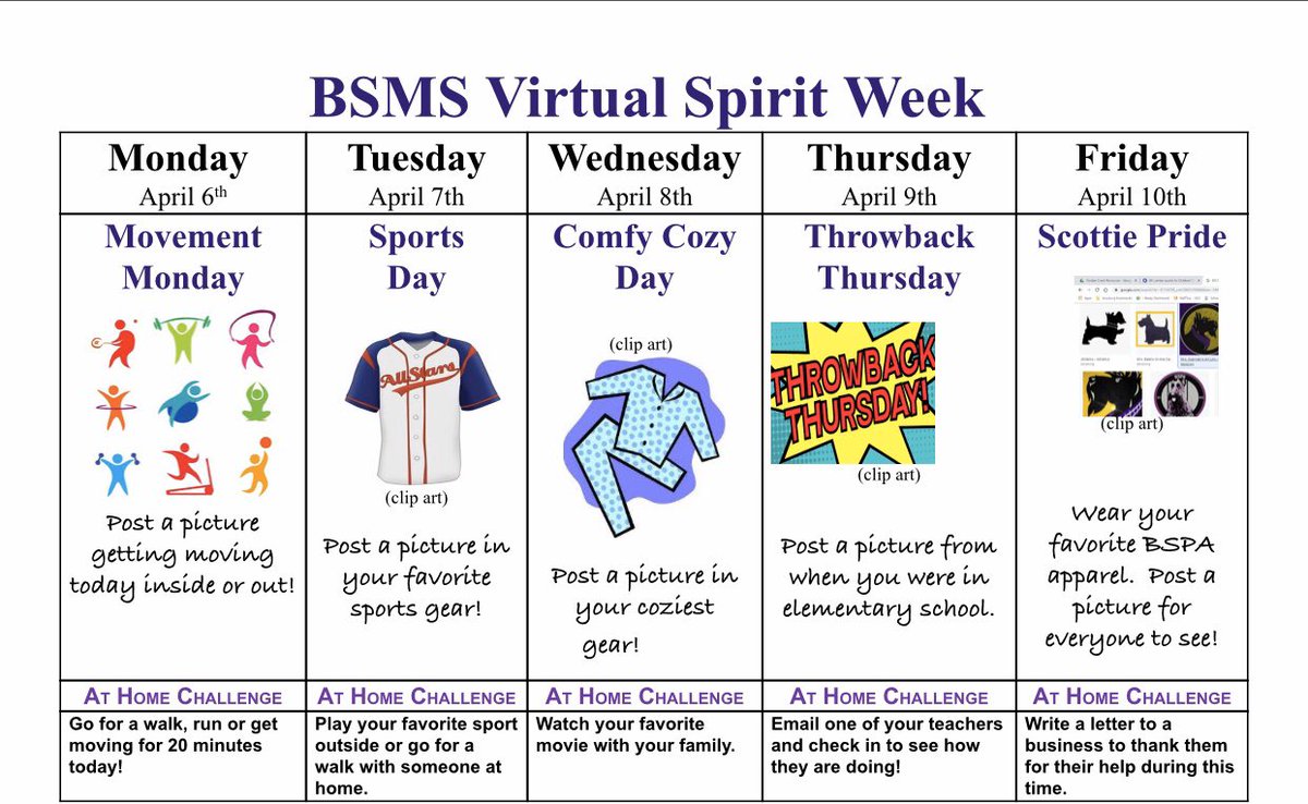 Please join together in <a href="/BSMS_Scotties/">Ballston Spa MS</a> Virtual Spirit Week!  Share your photos on Twitter #BSMSSpiritChallenge #BSCSD  #BSPACares to bring us all together in this challenge and show our Scottie Pride! Starts Monday 4/6