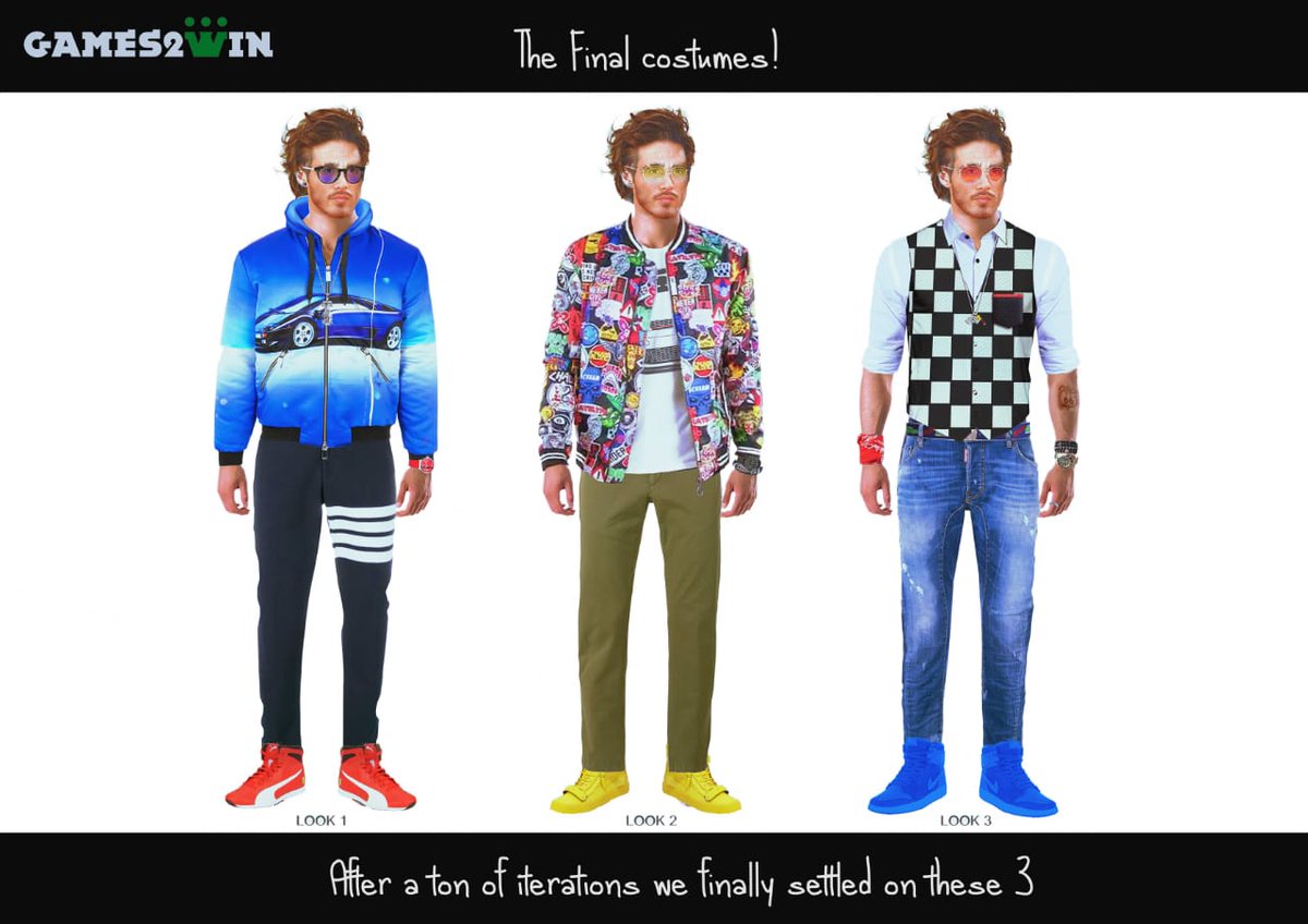 Games2win's tweet image. Step 3: Costumes for the 3D Character Concept Art' series for 'Parking Professor'
Game Link:  lnkd.in/fBBES_s
Check out costume suggestions that our 3D Artists came up with. We finally settled on the three costumes shown in the second image.
#gamedesign #conceptart
