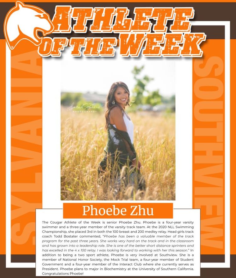 southviewcougar's tweet image. Although the Spring sports season is postponed, we will continue to recognize our Senior Cougars. Congratulations to @phoebezhuu, Cougar Athlete of the Week‼️