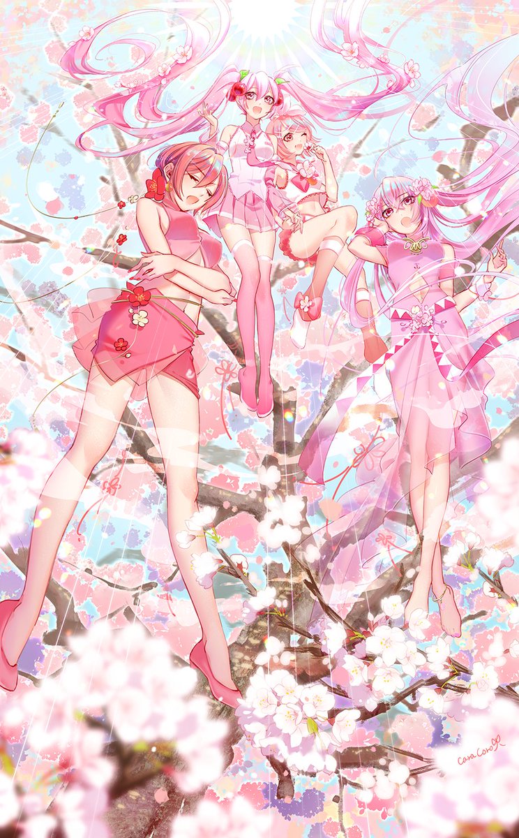 hatsune miku ,meiko (vocaloid) ,sakura miku cherry blossoms pink skirt pink hair skirt multiple girls cherry hair ornament pink necktie  illustration images