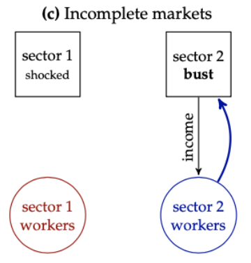 But absent perfect insurance, workers from sector 1 will cut back further. Then things get bad in sector 2 and we have a further bust.