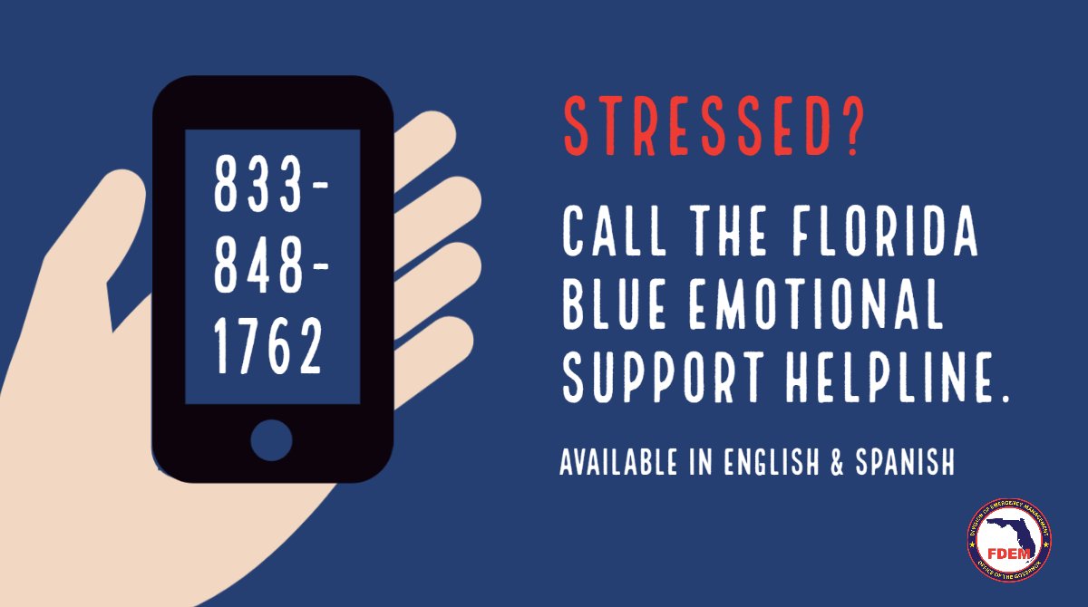 FLSERT's tweet image. .@FLBlue has provided a 24-hour, bilingual emotional support helpline to assist Floridians with any stress they may be feeling during the #COVID19 pandemic. If you're feeling stressed, contact the helpline at 833-848-1762.
