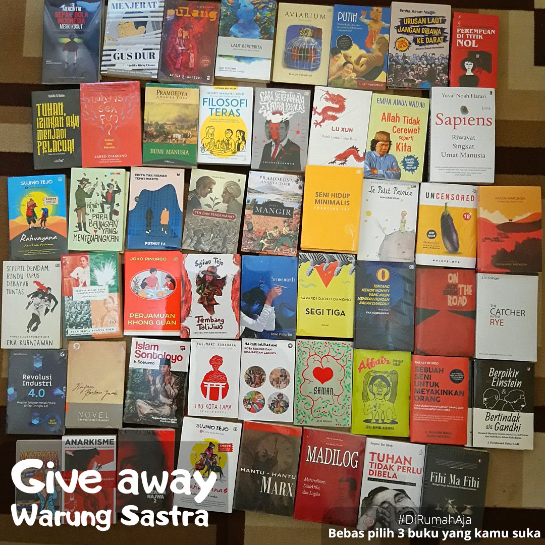 warungsastra's tweet image. GIVEAWAY WARUNG SASTRA! 

Aturan mainnya mudah:
1. Follow twitter kami ---&amp;gt;&amp;gt; @warungsastra

2. Like dan retweet postingan ini.

3. Tulis 3 judul buku yang pengen banget kamu baca &amp;amp; tandai 3 temanmu di kolom reply postingan ini. 

Dicari: 2 orang pemenang!

#warungsastragiveaway
