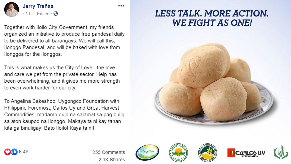 ILONGGO PANDESAL 🍞 

Iloilo City will begin daily delivery of free pandesal to all barangays in the city to feed its citizens.

The free bread program is a joint effort by the City Government and the local bakeries and flour producers. 

Batò Iloilo! ✊🏼