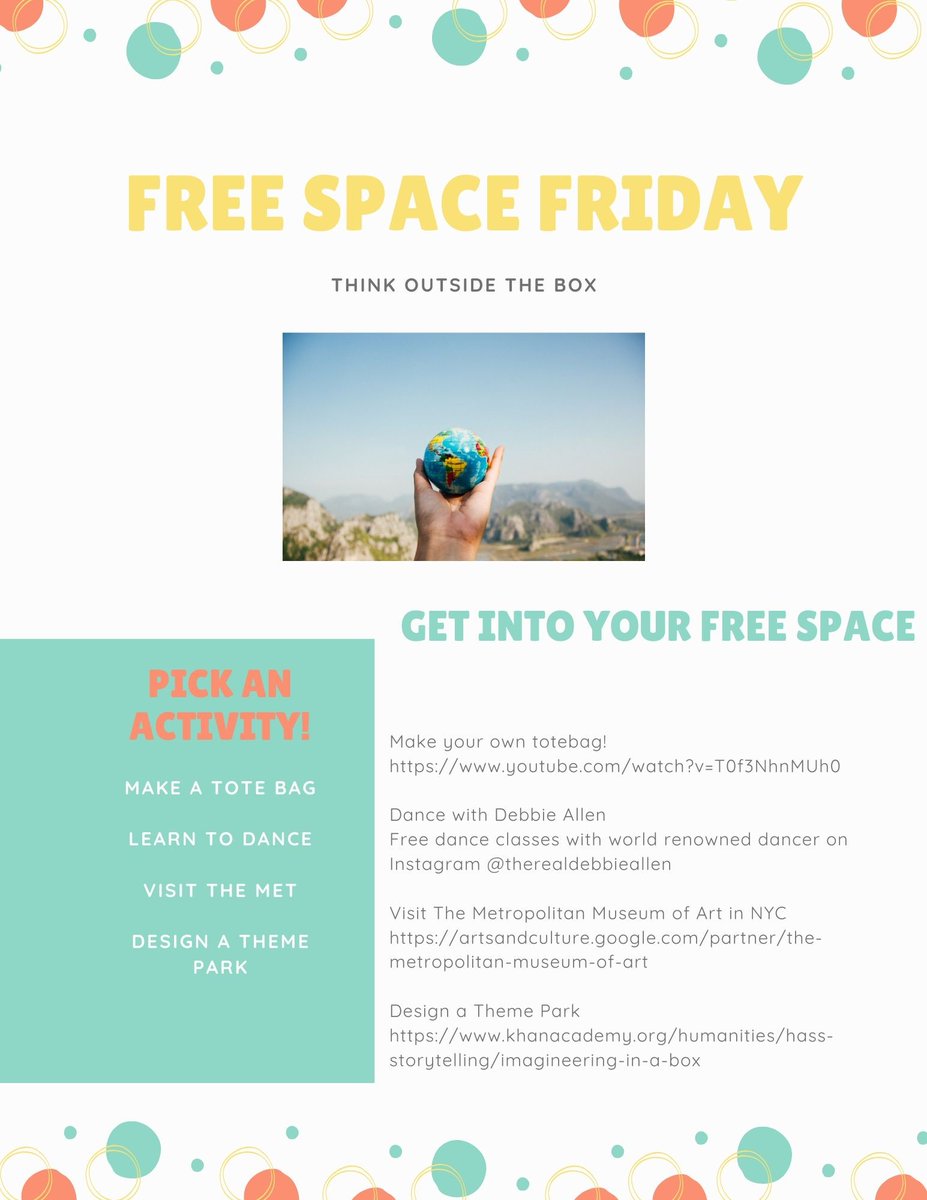 HAPPY FREE SPACE FRIDAY!!!
smore.com/jc9pfa

SPRING BREAK begins tomorrow 4/4-4/12
VIRTUAL CLASSES resume Monday 4/13
#WeBleedGREEN
