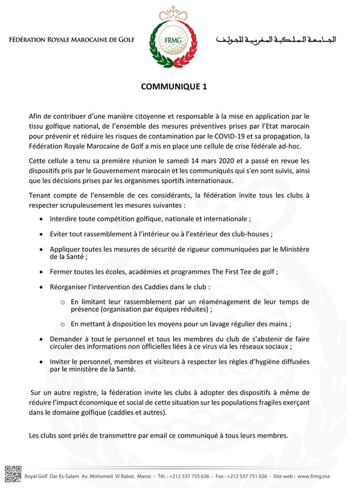 frmgolf's tweet photo. La Fédération Royale Marocaine de Golf #FRMG🇲🇦a mis en place une cellule de crise fédéral ad_hoc, pour prévenir et réduire les risques de contamination par #COVID19  et sa propagation.

#coronavirus #stayhome #staysafe #restezchezvous 
#Morocco https://t.co/3rPOYiJb9E