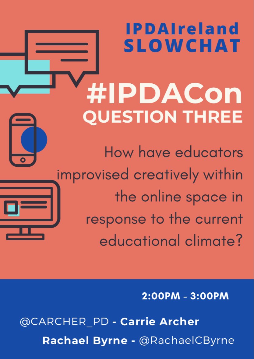 ipdaIreland's tweet photo. Huge thanks for all of your engagement today as we collaboratively reflect on experiences over the last while. Moving on to our penultimate question: We want to know how educators have improvised creatively in the online space in response to current educational climate? #IPDACon https://t.co/X1DuknX60P