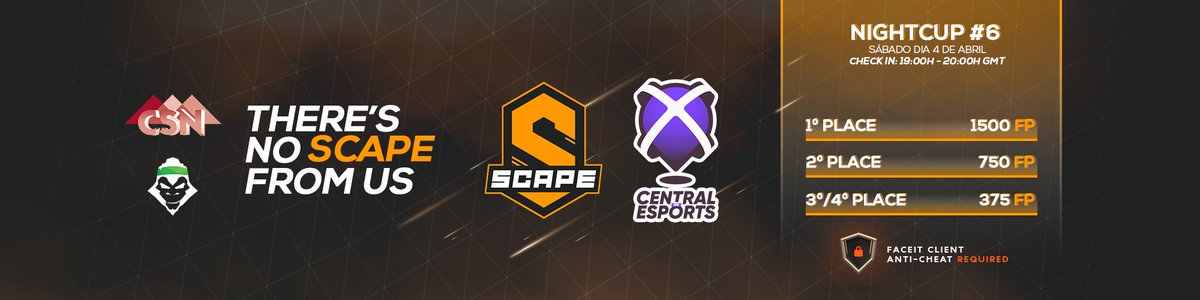 ⚠ As nightcups em parceria com a <a href="/CentralDEsports/">Central de Esports</a> vão continuar! 

É já amanhã que temos a Nightcup #6 😎

Do que é que estás há espera para te inscreveres? ⬇

bit.ly/2X1s8Ii

A nightcup tem transmissão assegurada em 📺 twitch.tv/menakatv

#noscape #CSGO #nightcup