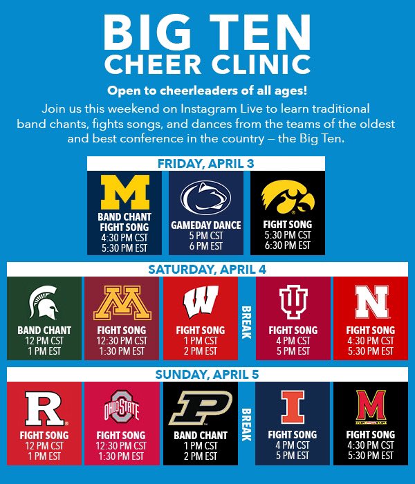 OSU_SpiritSquad's tweet photo. FREE Clinics this weekend from these B1G 10 Teams on Instagram live (ohiostatecheer) https://t.co/tHQZUOHEhU