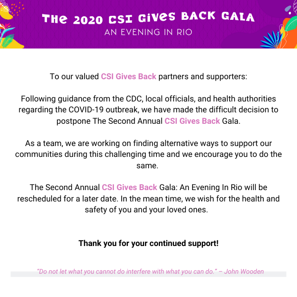 CSICompanies's tweet photo. We will be postponing The Second Annual CSI Gives Back Gala: An Evening In Rio 🦜💕

While we wait... let's take it back to the Inaugural CSI Gives Back Gala: A Garden Under The Stars ✨, brought to life by our friends at @sightsoundav and @MugwumpProd. https://t.co/ozEVcd2dyq