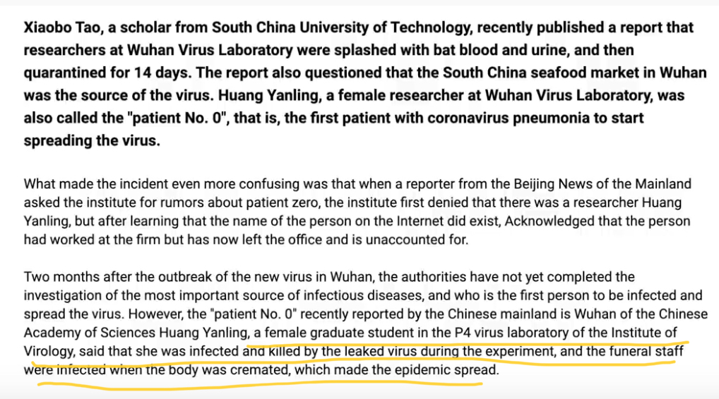 He said it was an incidental or accidental infection, but purposely donethat it didn’t happen in the wet market, but in the lab