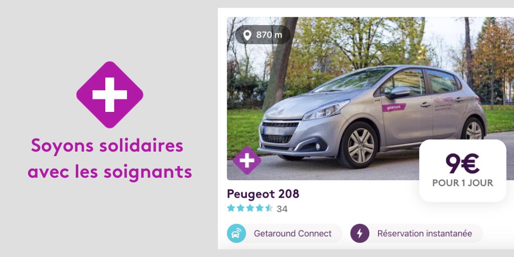 GetaroundFR's tweet photo. Pour les soignants, se déplacer en limitant les contacts n’est pas évident. Pour les soutenir, nos propriétaires sont nombreux à proposer leurs voitures. Ils nous ont inspiré, nous renonçons donc comme eux à nos revenus pour offrir une réduction jusqu’à 75%.
#SolidariteCOVID19 https://t.co/MMXcDNNgHN